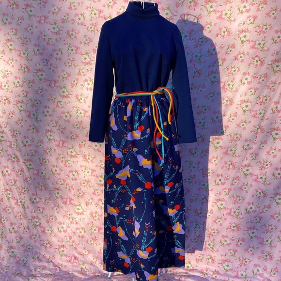 70s vintage maxi dress | S-M | abstract collar navy blue red yellow teal 1970s - Picture 1 of 9